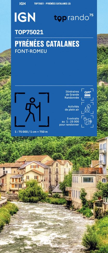 Carte IGN top 75 Tourisme et Randonnée des itinéraires de randonnée cyclo-pédestre-routière dans les Pyrénées Catalanes au 1/75 000 compatible avec le système GPS.