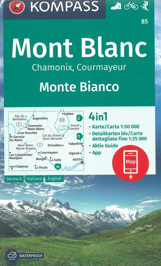 Mont Blanc - Chamonix - Courmayeur - carte randonnée Kompass 85