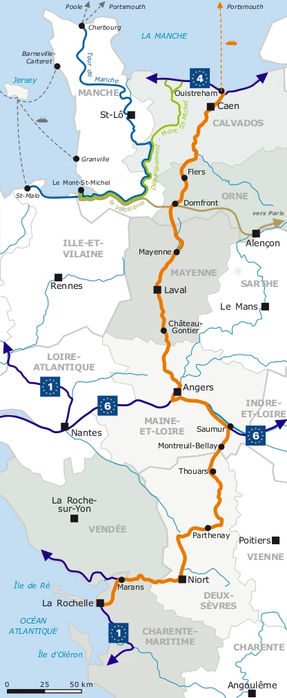 Carte de La Vélo Francette montrant l’itinéraire cyclable entre Caen et La Rochelle avec les étapes, villes et rivières traversées
